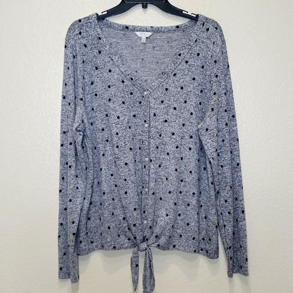 Lucky Brand Grey Polka Dot Tie Front Soft Cardigan XL